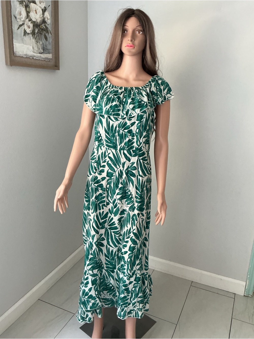 Anthropologie kindred Green Leaf-Print Off-Shoulder Maxi Dress